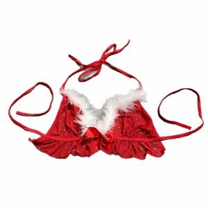 Y2K European Vintage Rhinestone Faux Fur Halter Lingerie Top (Red/White) XS-M